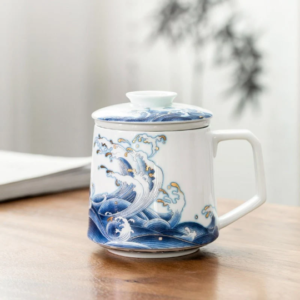 Ceramic Ocean Waves Tea Mug With Strainer 390ml Tea Infuser Mug Chinese Tea Set